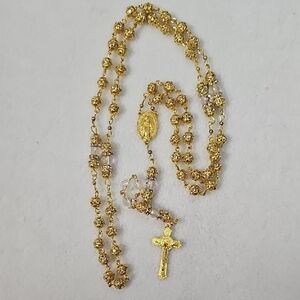 Gold Rosary Necklace with Clear Accent Beads